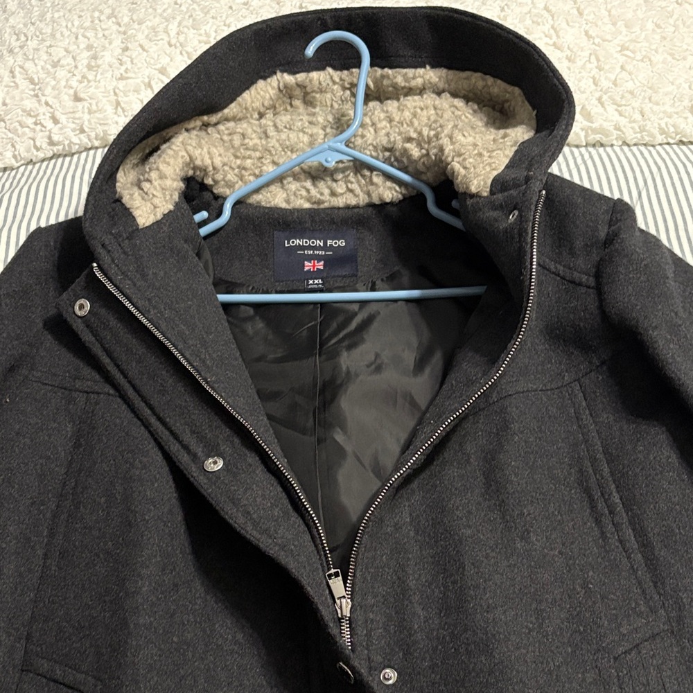 London Fog Charcoal Hooded Wool-Blend Pea Coat with Sherpa Hood